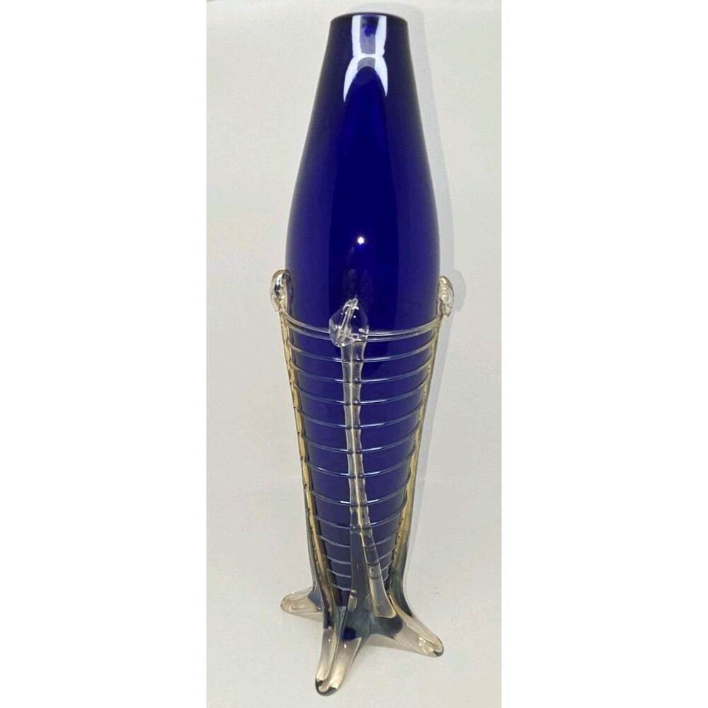 John Cook Studio Art Glass Vase 1996 Cobalt Blue Threaded Ribbed Footed 11.25 in
